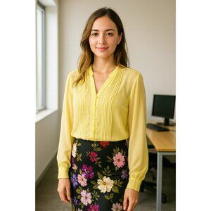 Liz Claiborne Vintage Sheer Yellow Blouse Tuxedo Pleats Matching Cami Size Large